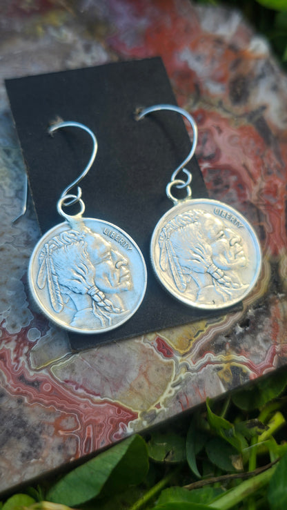 Indian Head Buffalo Silver Round Earrings