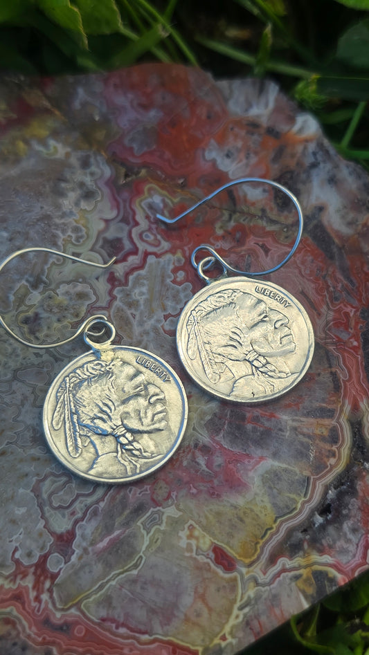 Indian Head Buffalo Silver Round Earrings